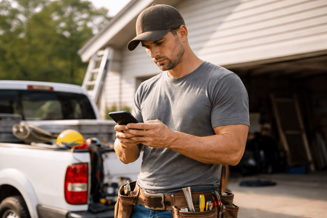 Contractor checking phone with missed calls